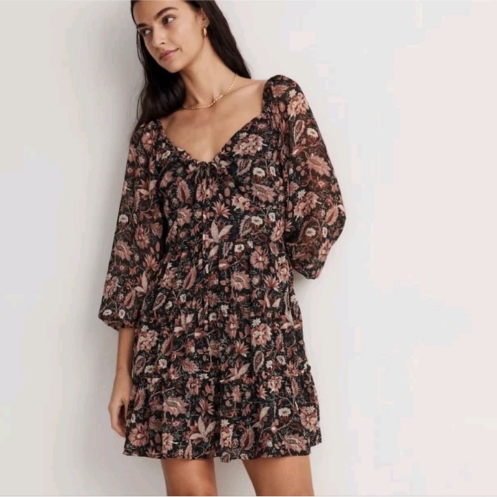NWOT Madewell Floral Mini Dress Size 10 Black Boho Puff Sleeve V-Neck Romantic